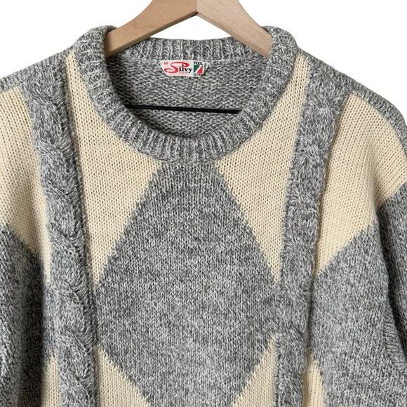 Vintage Silvy Tricot Italian Wool Chunky Knit Crewneck Sweater in Gray Cream, XL - Picture 2 of 9